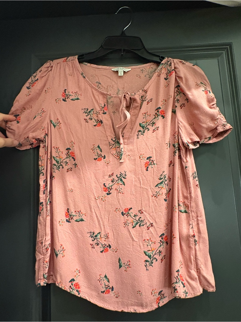 Lucky Brand Rose-Pink Floral Tie-Neck Blouse